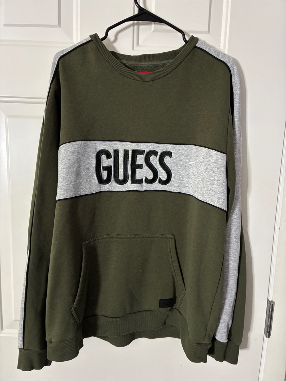 GUESS Olive Green Crewneck Sweatshirt with Heather Grey Panel